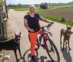 Melanie mit Ihren Dobis beim Radfahren
